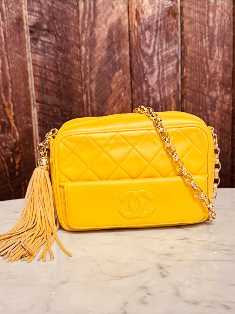 CHANEL Vintage Yellow Lambskin CC Tassel Camera Bag